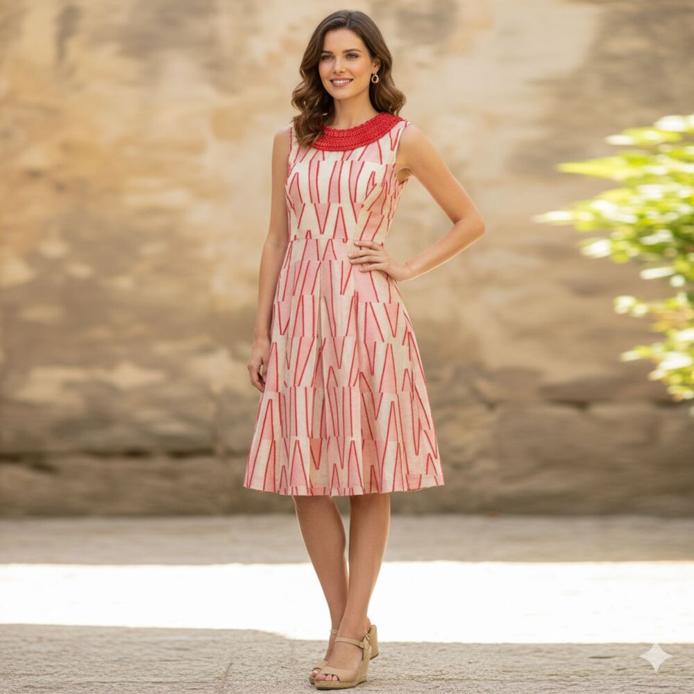 Anthropologie Tracy Reese Cream Red Silk Cotton Dress Size 8